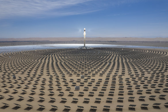 A part view of a Molten Salt Tower Solar Thermal Power Station in Jiuquan, China.
