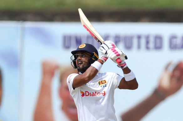 Chandimal reaches 100 in the first innings for Sri Lanka.
