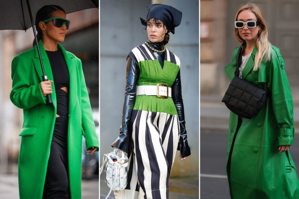 The Green Machine: Designer Effie Kats at Australian Fashion Week wearing her oversized Cali coat; Fleur Egan at Australian Fashion Week in Tory Burch; Sonia Lyson in Ducie London coat, Berlin.