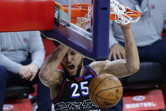 Ben Simmons dunks during a win over the Washington Wizards this week.