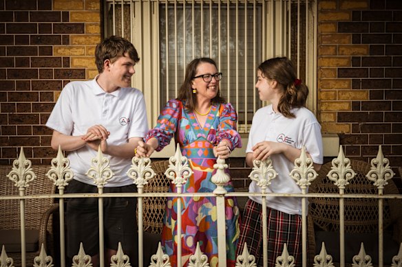 Janine Forbes-Rolfe outside her home with children Felix, 15, and Fleur, 13.