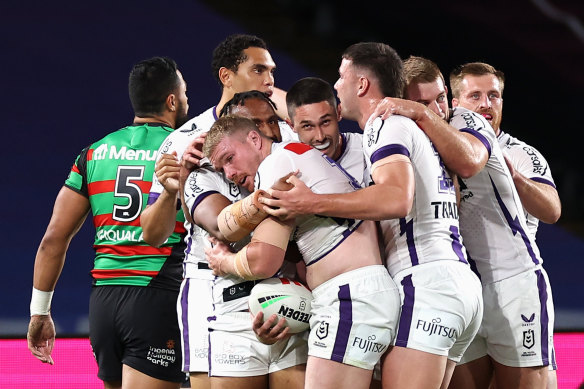 Josh King celebrates his try for Melbourne.