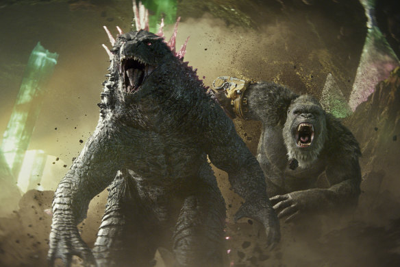 Godzilla, left, and Kong in a scene from “Godzilla x Kong: The New Empire.” 