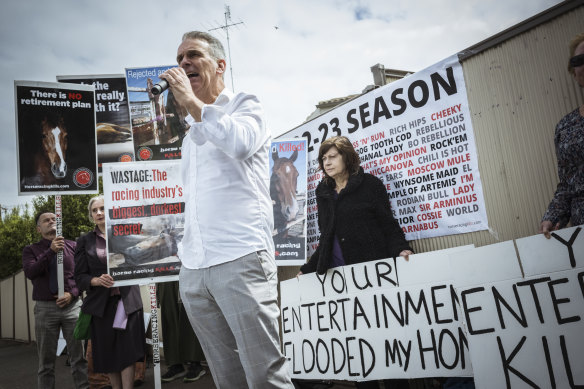 Protestors campaign against the racing industry on Derby Day.