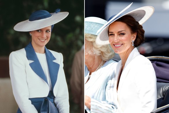 Princess Diana wearing a Philip Somerville hat and Catherine Walker suit in Dubai, 1989; Kate, Duchess of Cambridge, wearing a Philip Treacy hat and Alexander McQueen coat dress.