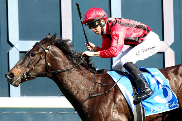 Adam Hyeronimus rides Tropical Squall to victory in the Flight Stakes.