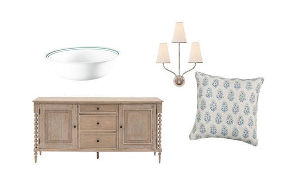 “Country Cottage” bowl; “Sgamna” buffet; “Montreuil” sconce; “Zardosi Tahoe” cushion. 