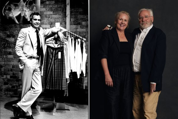 Bennett (left) at Country Road’s early headquarters in Fitzroy, and with daughter Katie Peterson at the brand’s 50th-anniversary celebration in January.