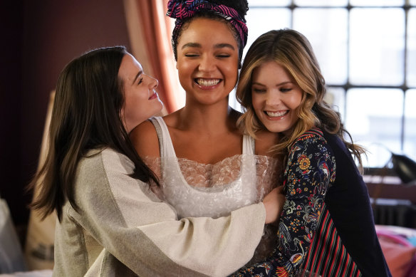 The BFFs: Katie Stevens as Jane Sloan, Aisha Dee as Kat Edison, Meghann Fahy as Sutton Brady.