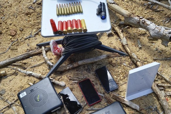Authorities seized multiple Starlink units, like the white one on the right, along with other communications equipment and weapons in remote areas of the Amazon. 