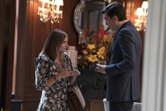‘Ludicrously capacious’ … Francesca Root-Dodson and Nicholas Braun in a scene from Succession featuring the most infamous handbag of the year.
