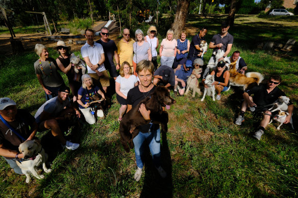 Dörte Jakob with dog Knut and other dog owners who don’t want to lose Damper Creek Conservation Reserve’s off-leash status.