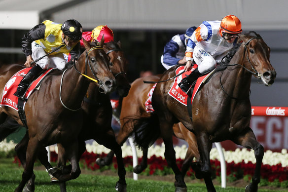 Jockey Luke Currie and Hey Doc, right, en route to victory at the 2017 Manikato Stakes. 