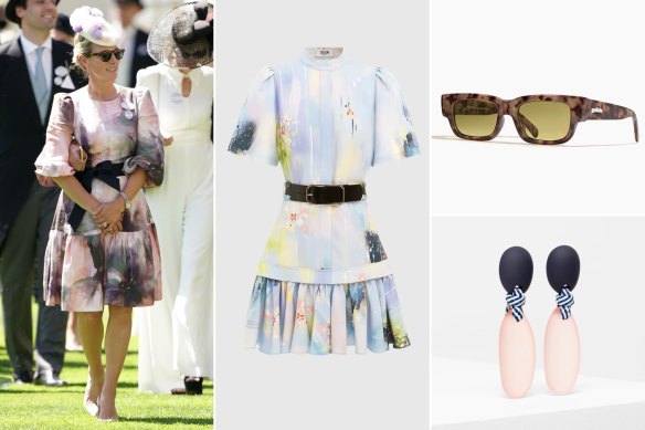 Zara Tindall at Royal Ascot in an Anna Mason dress and tilted straw hat with pom poms in June; Leo & Lin willow print mini-dress, $499; Szade sunglasses, $79.99; Elk earrings, $59.