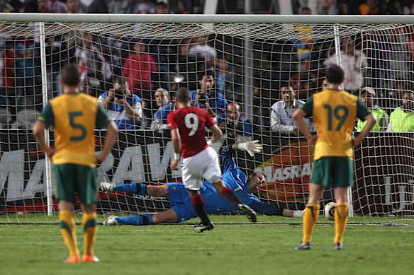 Mohamed Zidan of Egypt scores the third goal from a penalty.