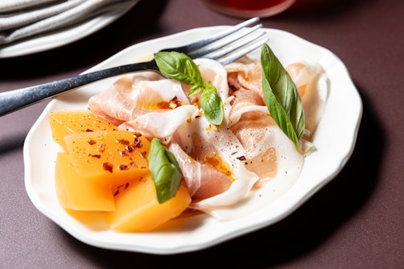 Shaved prosciutto served with pickled rockmelon compressed with chilli.