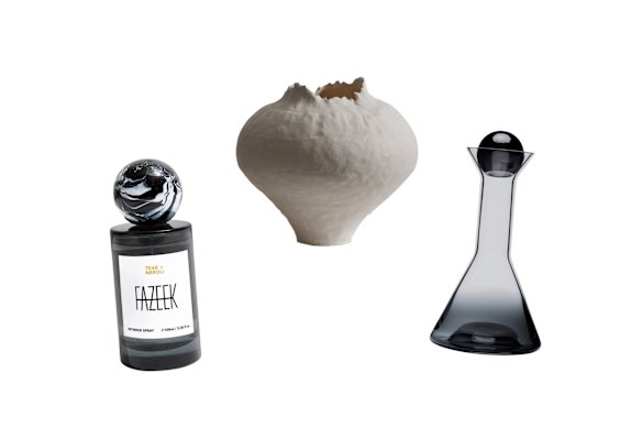 “Teak + Neroli” interior spray; “Petite Cocoon” vessel; “Tank” decanter.  