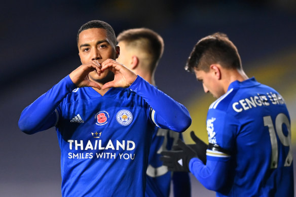 Youri Tielemans celebrates scoring Leicester's four goals.