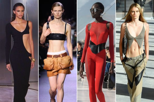 Skinny styles. Spring-summer ’22/’23 looks from Bally, Miu Miu, Alexander McQueen and Dion Lee.