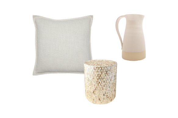 “Lucille” cushion; “Ely” side table; Carafe.