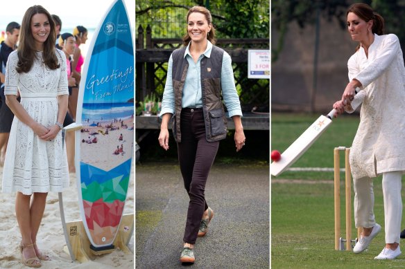In Zimmermann at Manly Beach 2014; in Norkfolk wearing a quilted Fjallraven vest, and green Superga sneakers in 2020; playing cricket in Gul Ahmed in Pakistan, 2019. 