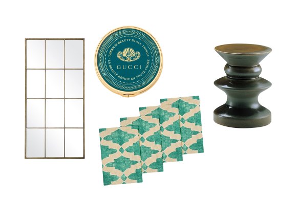 “Bagatelle” floor mirror; “Universal Nourishing Balm”; “Sicilia” linen napkins; “Teti” side table.  