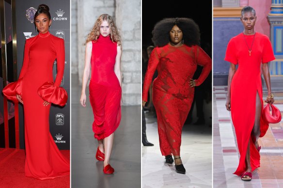Red to toe (from left) Demi Brereton in Marquise Bridal, and Christopher Esber, Alexander McQueen and Valentino in Paris.