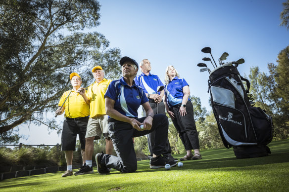 From left: Don Duncan and Ron Caldwell of the Oakleigh Veterans Golf Club, and Mary Harbour, Kris Gaczewski and Tracey Gardner of the Oakleigh Golf Club, want to keep playing golf in Oakleigh.