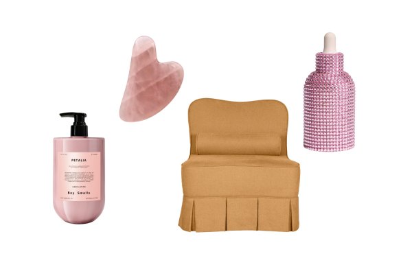 “Petalia” hand lotion; Rose quartz gua sha tool; “Gigi” chair; “Face Hero Extra” facial oil.  