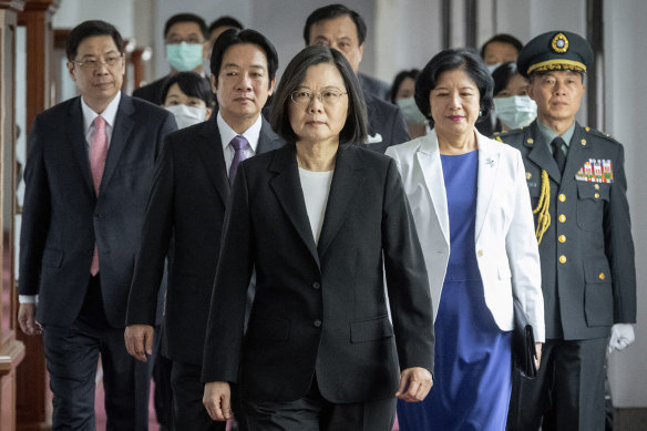 Taiwanese President Tsai Ing-wen (centre) after her inauguration in May 2020.
