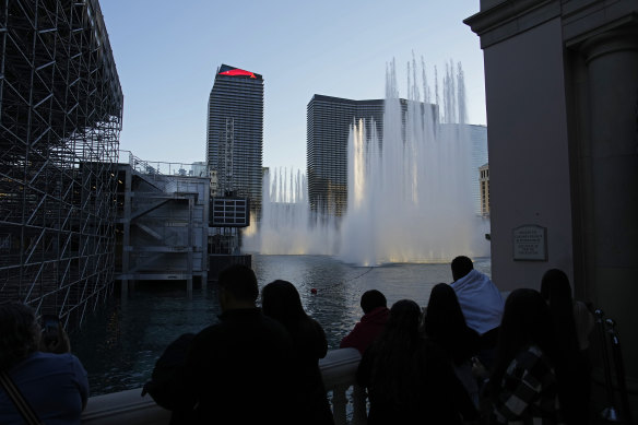 With the Grand Prix in town, grandstands and skybox suites now frame the fountains outside Las Vegas’ Bellagio hotel-casino.