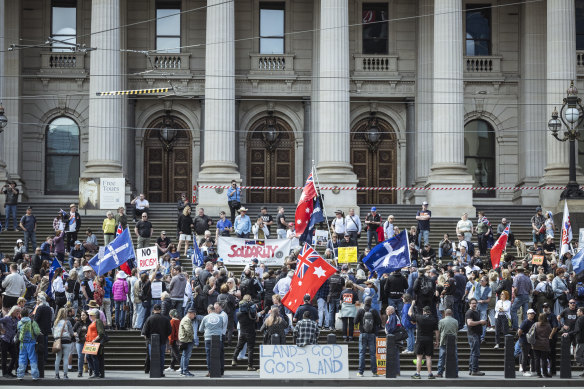 The No rally on the steps of state parliament in Melbourne.