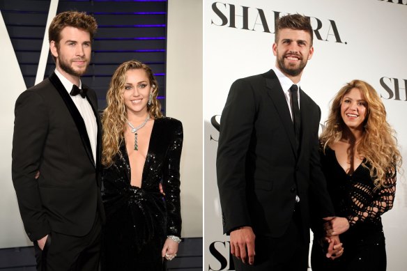 Miley Cyrus and Liam Hemsworth, left, and Shakira and Gerard Piqué.