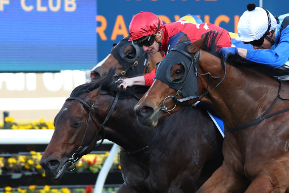 James McDonald (red silks) gets the bob in with Schwarz in a three-way photo finish to the Missile Stakes.