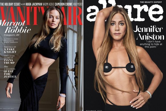 Margot Robbie on the cover of the December/January issue of Vanity Fair in an Alaia dress, and Jennifer Aniston in a Chanel bikini on the cover of the December issue of US magazine Allure.