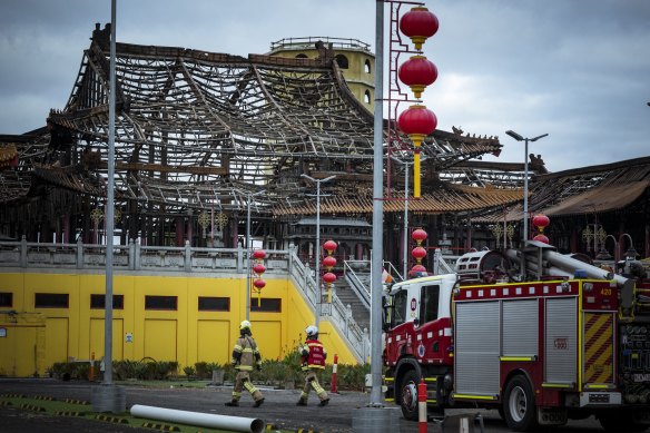 The remains of the Springvale temple on Monday morning.