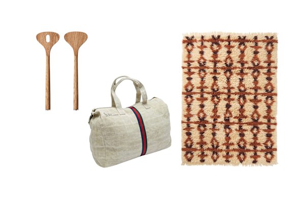 “Alfredo” salad servers; “Escapee” overnight bag; “Amata Beni” rug.  