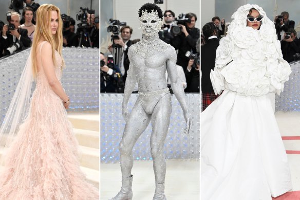 Nicole Kidman in vintage Chanel haute couture; Lil Nas X in a body paint tribute to Karl Lagerfeld’s pet Choupette and Rihanna in Valentino.