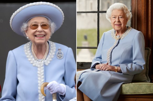 The Queen’s diamanté and pearl-trimmed outfit worn to Trooping the Colour was designed by her personal adviser, Angela Kelly, and also worn in her official Platinum Jubilee portrait by Ranald Mckechnie. 