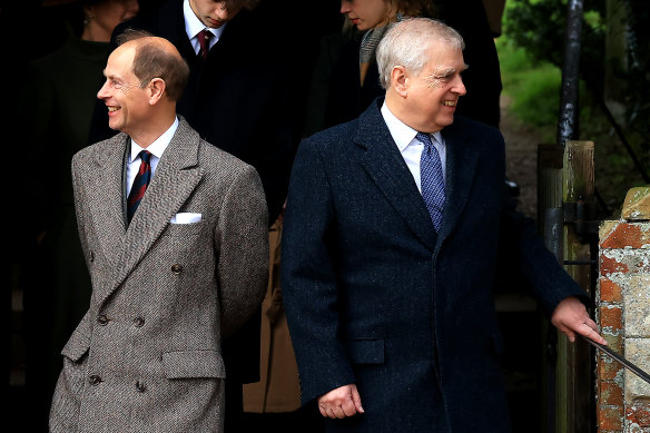 Prince Andrew, right, and Prince Edward, leave the Christmas Morning Service at Sandringham Church.