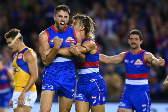 Marcus Bontempelli celebrates after scoring as he led the way in the club’s win.