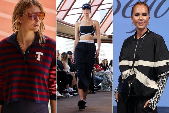 New season cropped polo-tops from The Upside signal a move beyond sport-focused clothing; Aje Athletica on the runway at the Sydney Opera House in August; PE Nation co-founder Pip Edwards at the David Jones season launch in Sydney on February 20.