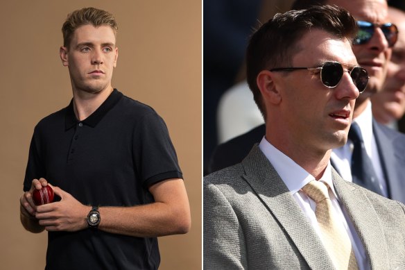 Cam Green in a campaign for Rado (left) and Pat Cummins at Wimbledon wearing Dyo<em></em>nsu and Carrera.