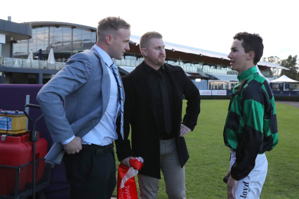 Trainer Ben Hayes (left) with Zac Lloyd after the win of Barbie’s Fox.