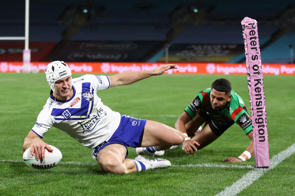 Blake Wilson scores a try during the round 19 NRL match against South Sydney.