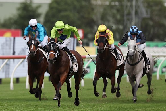 Chad Schofield riding Stretan Ruler to win the Chandon Silver Slipper Stakes at Rosehill Gardens on February 21.