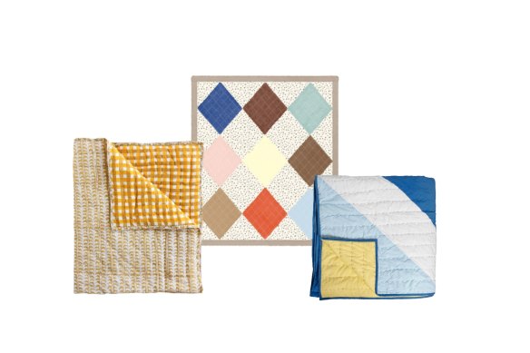 “Luxor” baby quilt; “Aya” wall rug; “Playa” quilt.