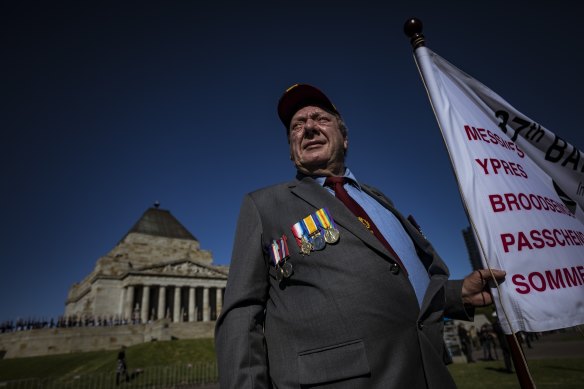 Bobby Harrison, who served in Vietnam, marched alongside thousands in Melbourne on Sunday. 