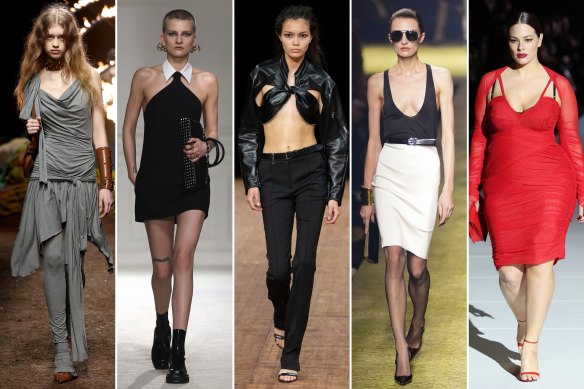 Thinning of the model herd. The autumn/winter 2023 season featured fewer plus size models on the runway. From left are models from Blumarine, Valentino, Coperni, Saint Laurent and Dolce & Gabbana.