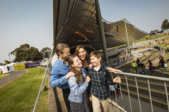 Simon Gleeson and Natalie O'Donnell at the Sidney Myer Music Bowl with their children, Molly and Raf.